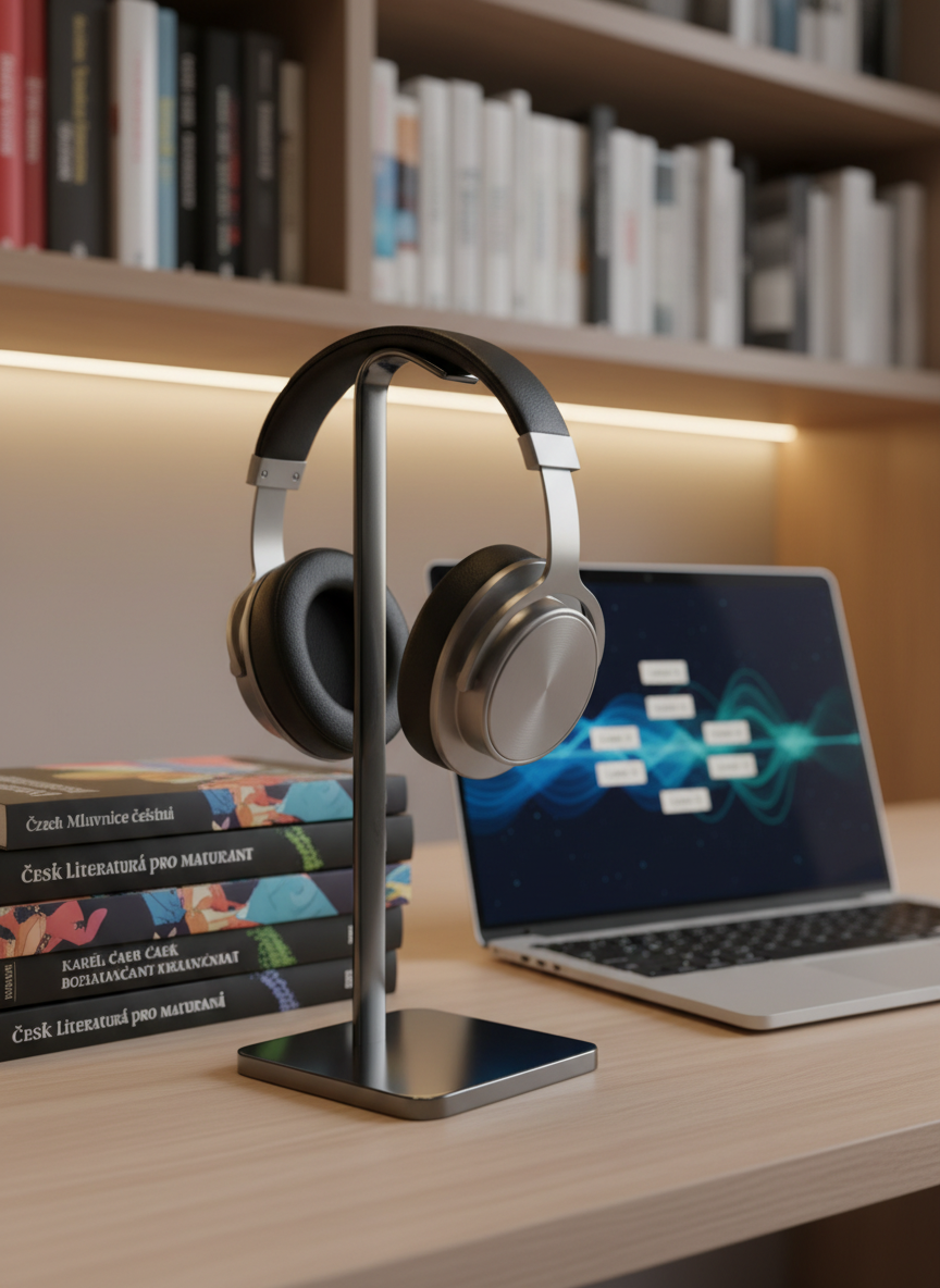 A modern, minimalist workspace featuring high-fidelity studio headphones hanging elegantly on a metal stand, surrounded by neatly arranged Czech grammar books and classic novels with clearly recognizable covers but no readable text. A slim laptop sits open, showing abstract audio waveforms and chapter divisions for lessons on the screen. Warm, indirect desk lighting creates a cozy yet sophisticated ambiance, with soft highlights on the metal and leather textures. Photographic realism, three-quarter view, shallow depth of field, with the background fading into a tasteful blur of bookshelves, symbolizing a comprehensive, teacher-led audio course for maturita from Czech language and literature.
